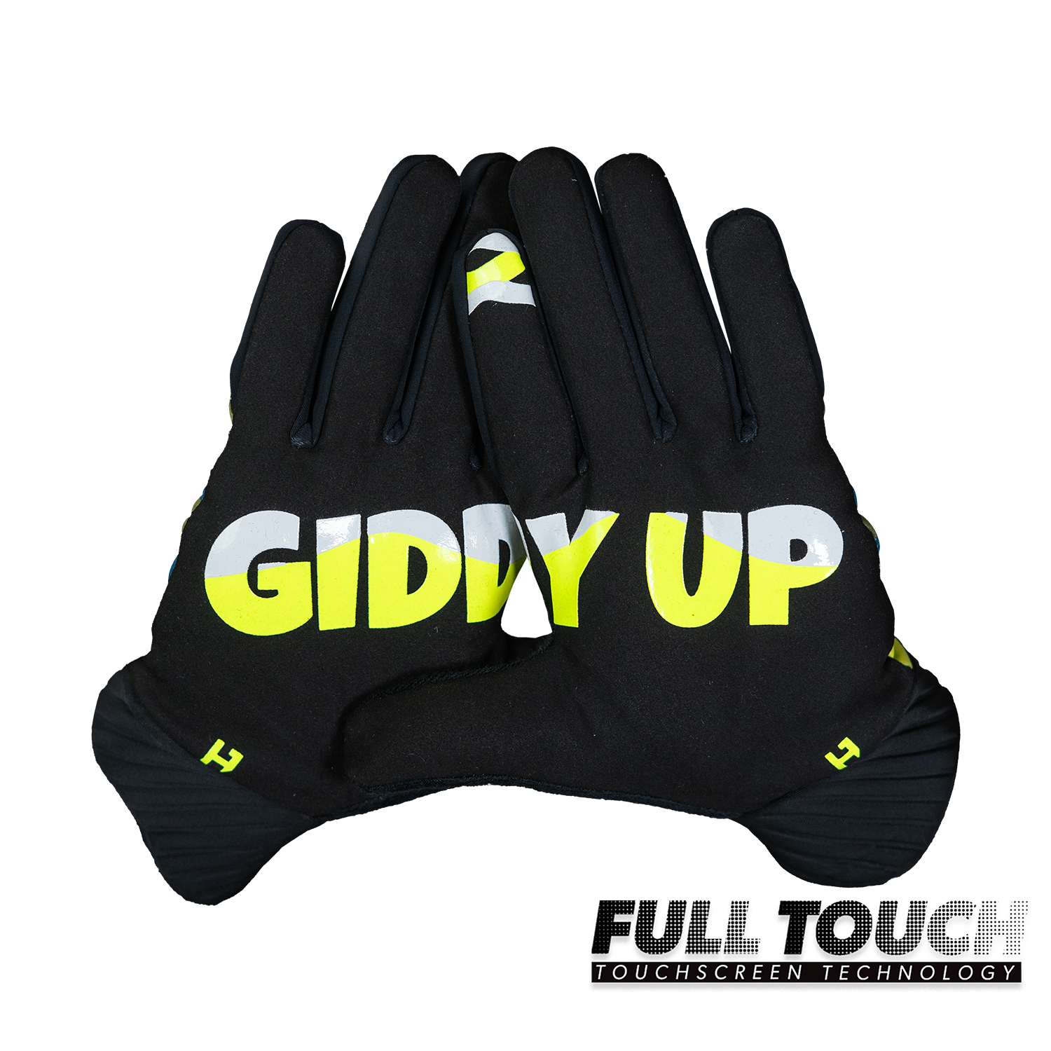 Black gloves with 'Giddy Up' text on a white background