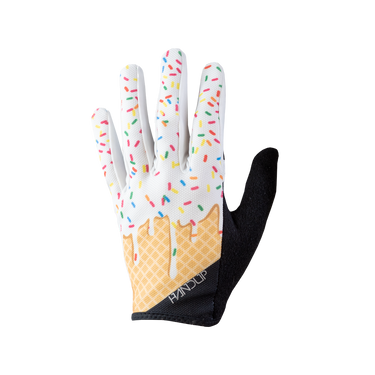 A pair of white bicycle gloves with a multicolored ice cream cone design and sprinkles.