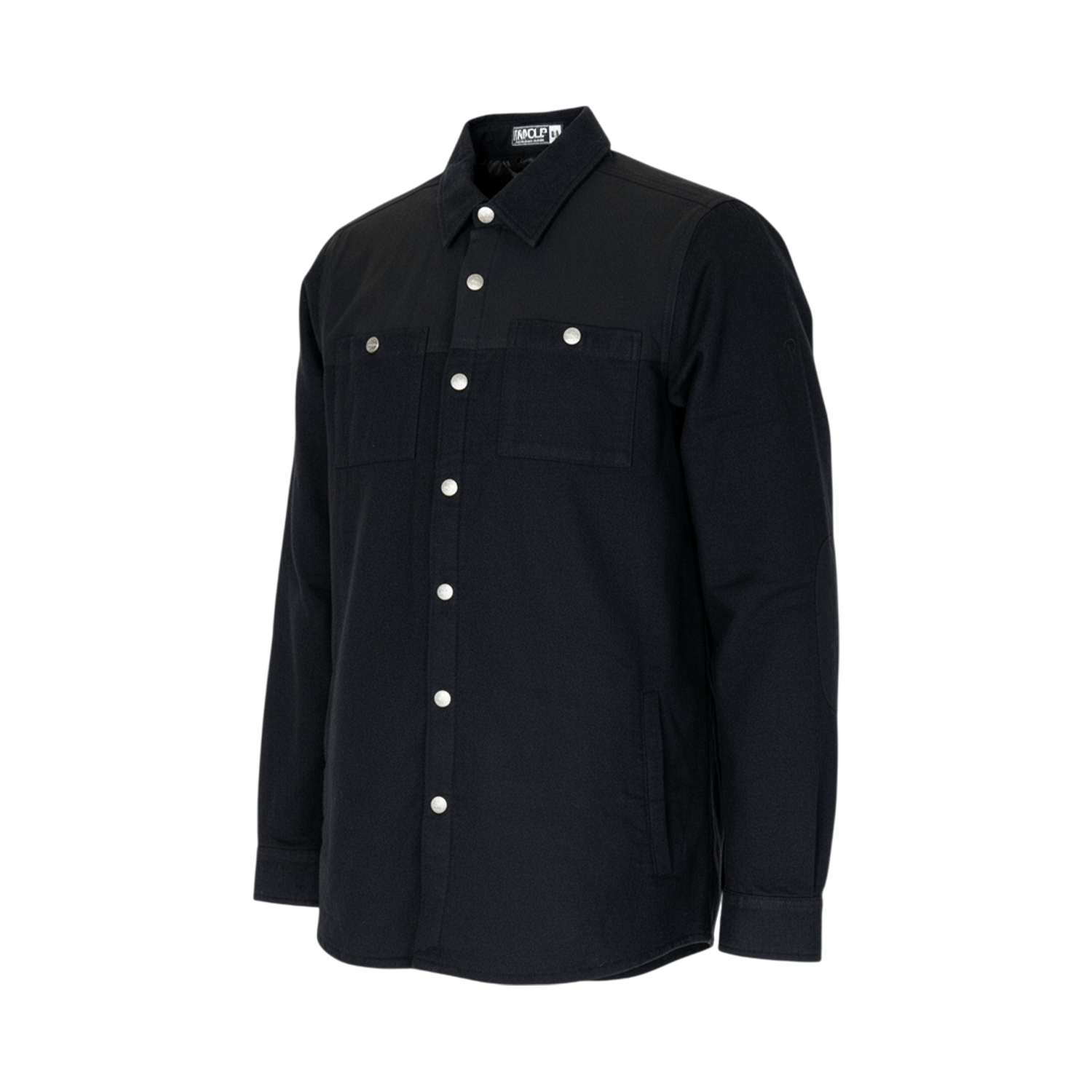 Black button-up shirt on a white background