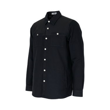 Black button-up shirt on a white background