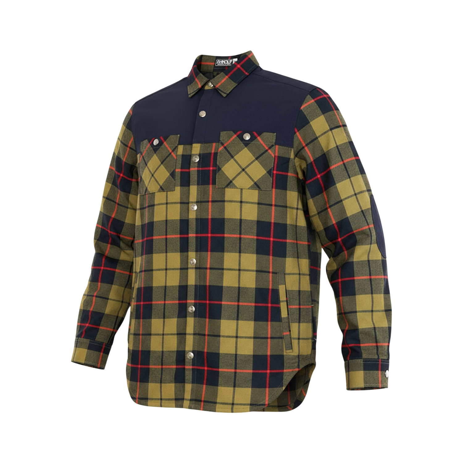 Plaid shirt with green, black, and red pattern on a white background