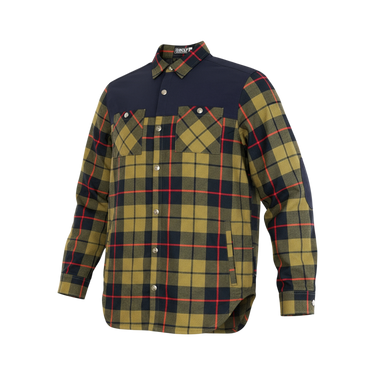 Plaid shirt with green, black, and red pattern on a white background