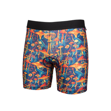 Colorful mushroom-patterned boxer briefs on a white background