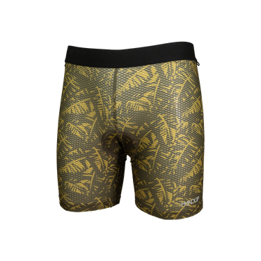 Black and yellow patterned athletic shorts on a white background