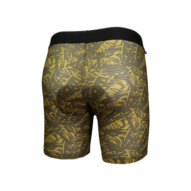 Black and yellow patterned shorts on a white background