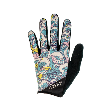 A multicolored pair of bicycle gloves with a wave pattern design