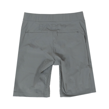 A pair of trail rambler mountain bike shorts in steel grey color with a stretch waistband, multiple pockets, and a self-locking buckle.
