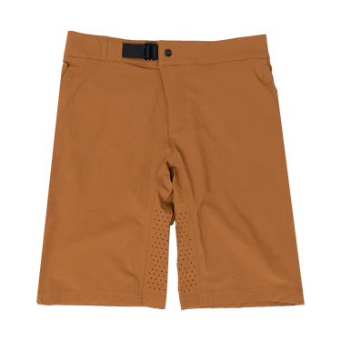 A pair of brown mountain bike shorts with a stretch waistband and multiple zip-pockets.