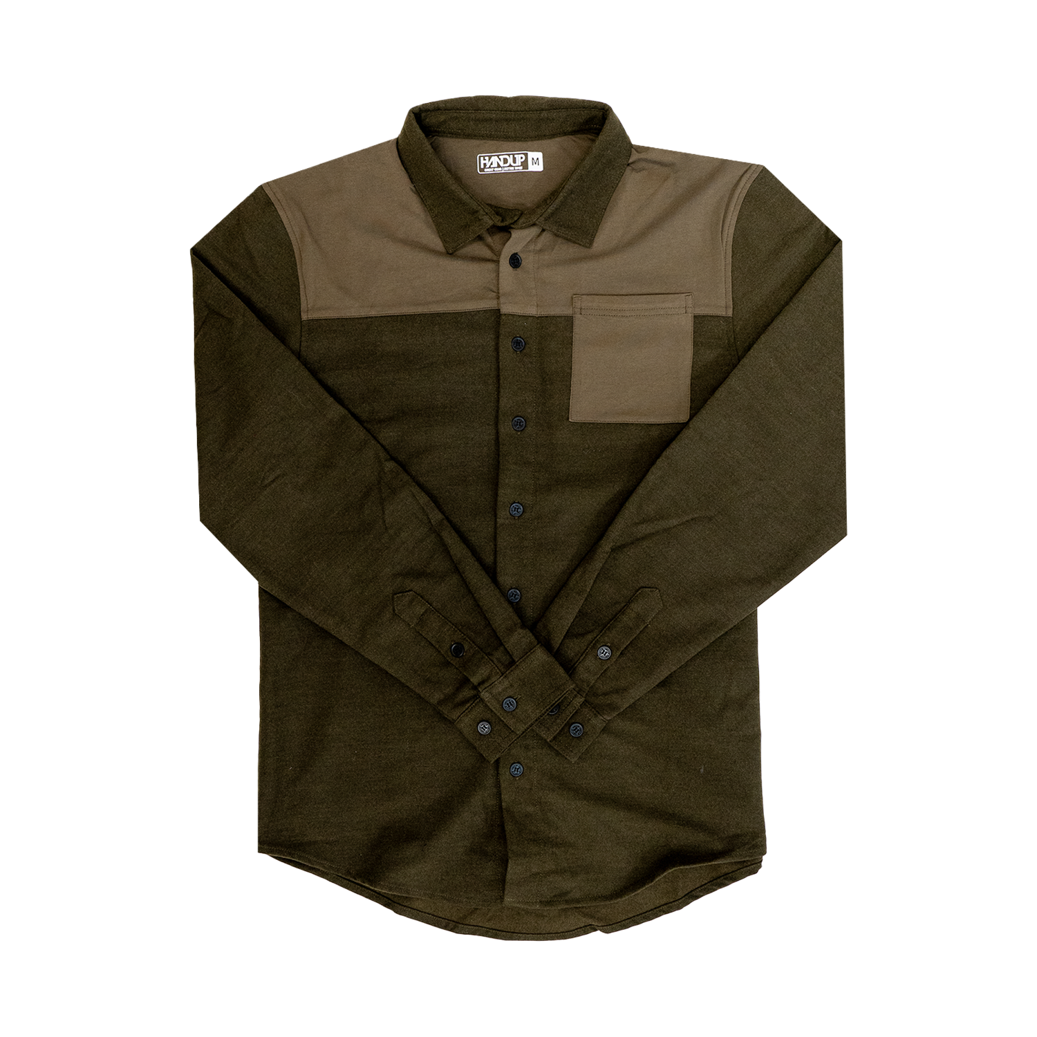 A solid olive colored Flannel Button Up shirt with a collar, long sleeves, and a front pocket.