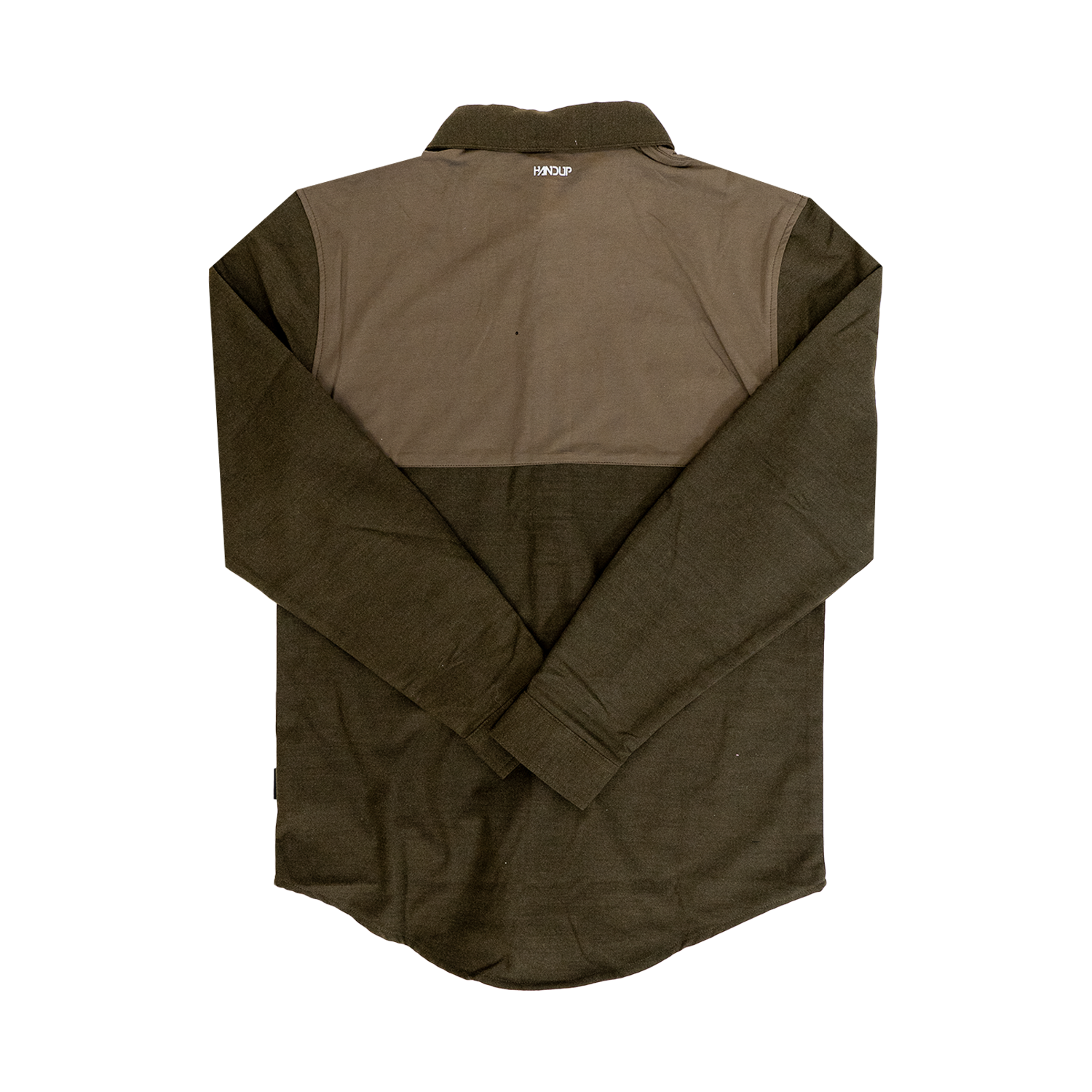 A solid olive colored Flannel Button Up shirt with a collar, long sleeves, and a front pocket.