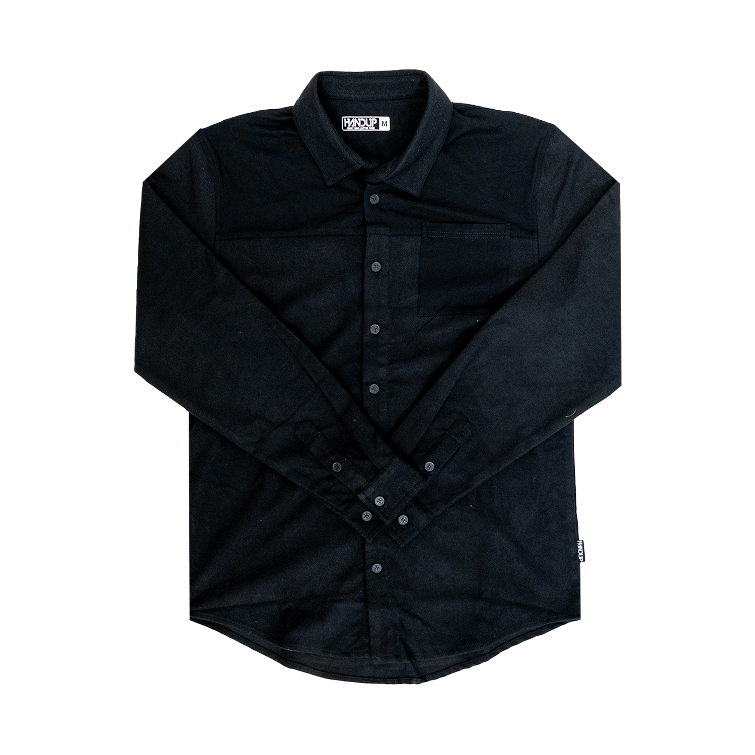 A solid black long-sleeved flannel button-up shirt.