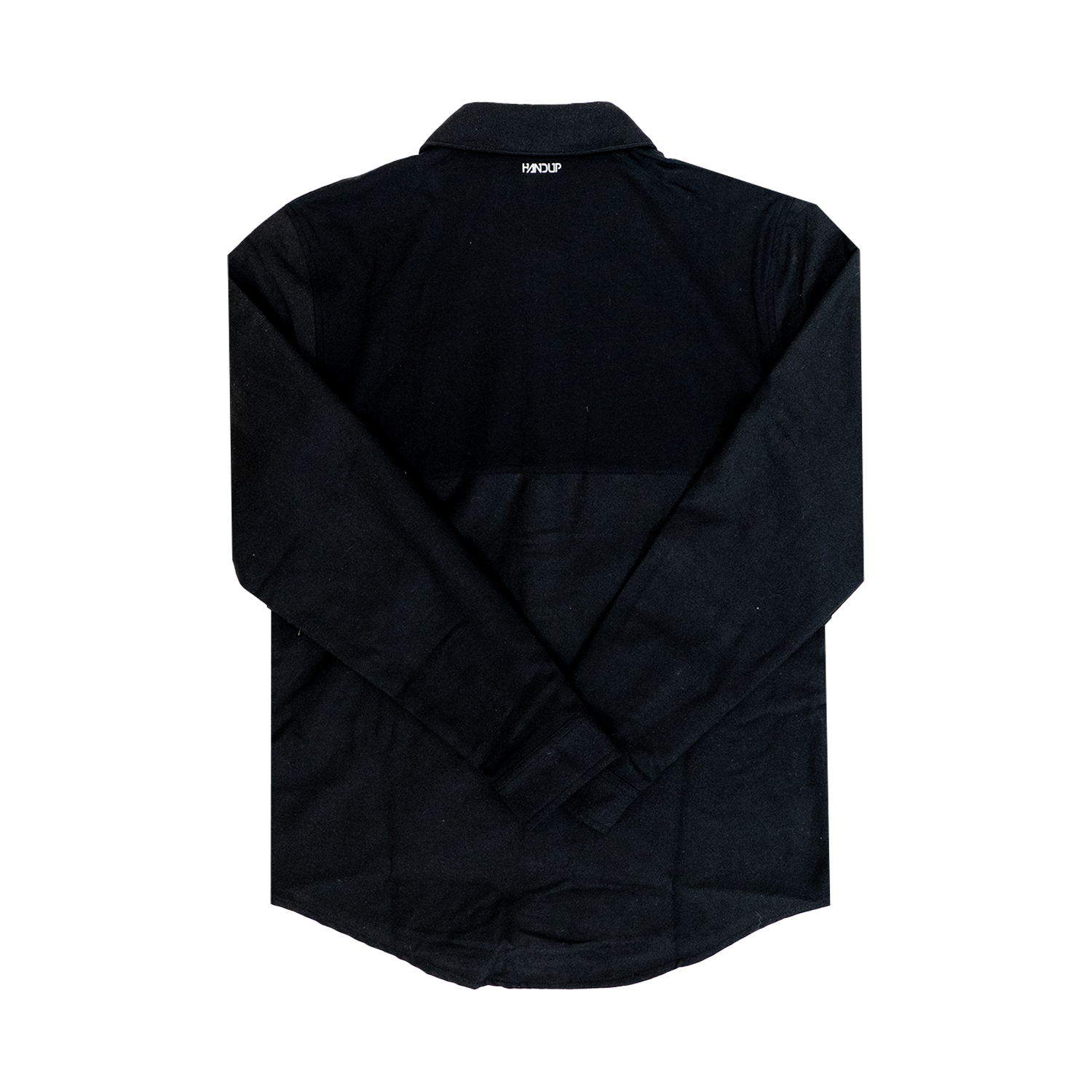 A solid black long-sleeved flannel button-up shirt.