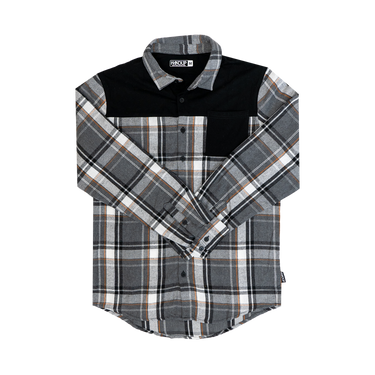 A long-sleeved Flannel Button Up shirt with a checkered pattern in black, gray, and white, featuring a solid black panel across the top shoulders.