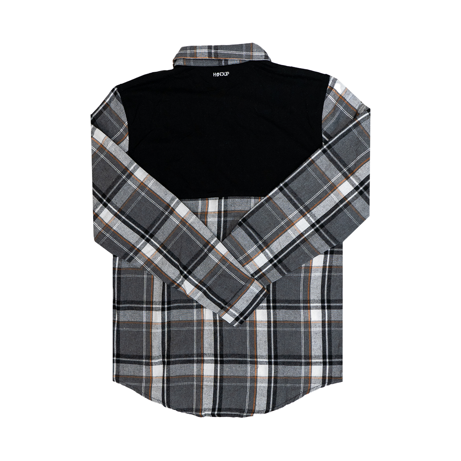 A long-sleeved Flannel Button Up shirt with a checkered pattern in black, gray, and white, featuring a solid black panel across the top shoulders.