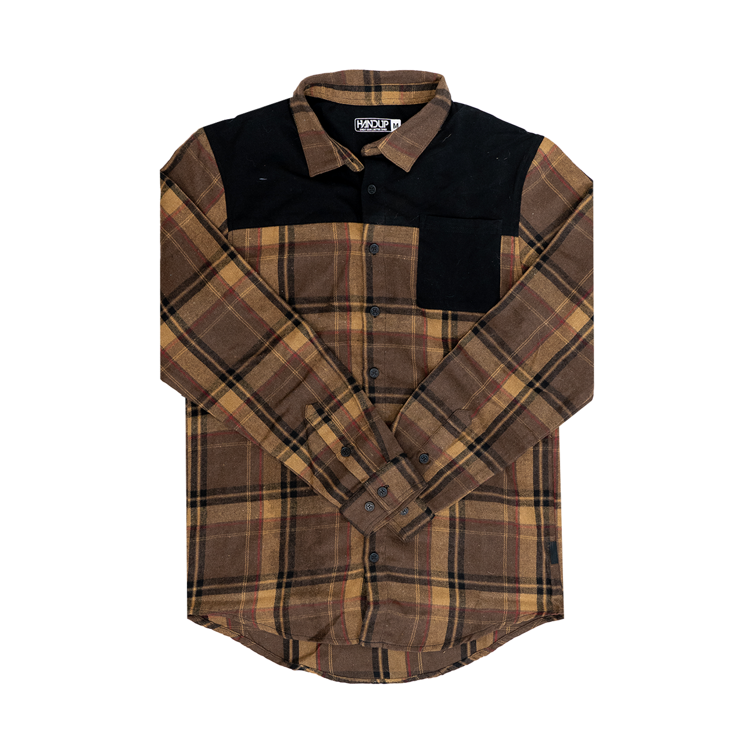 A long-sleeved Flannel Button Up shirt in brown and tan plaid pattern with a solid black panel across the shoulders.
