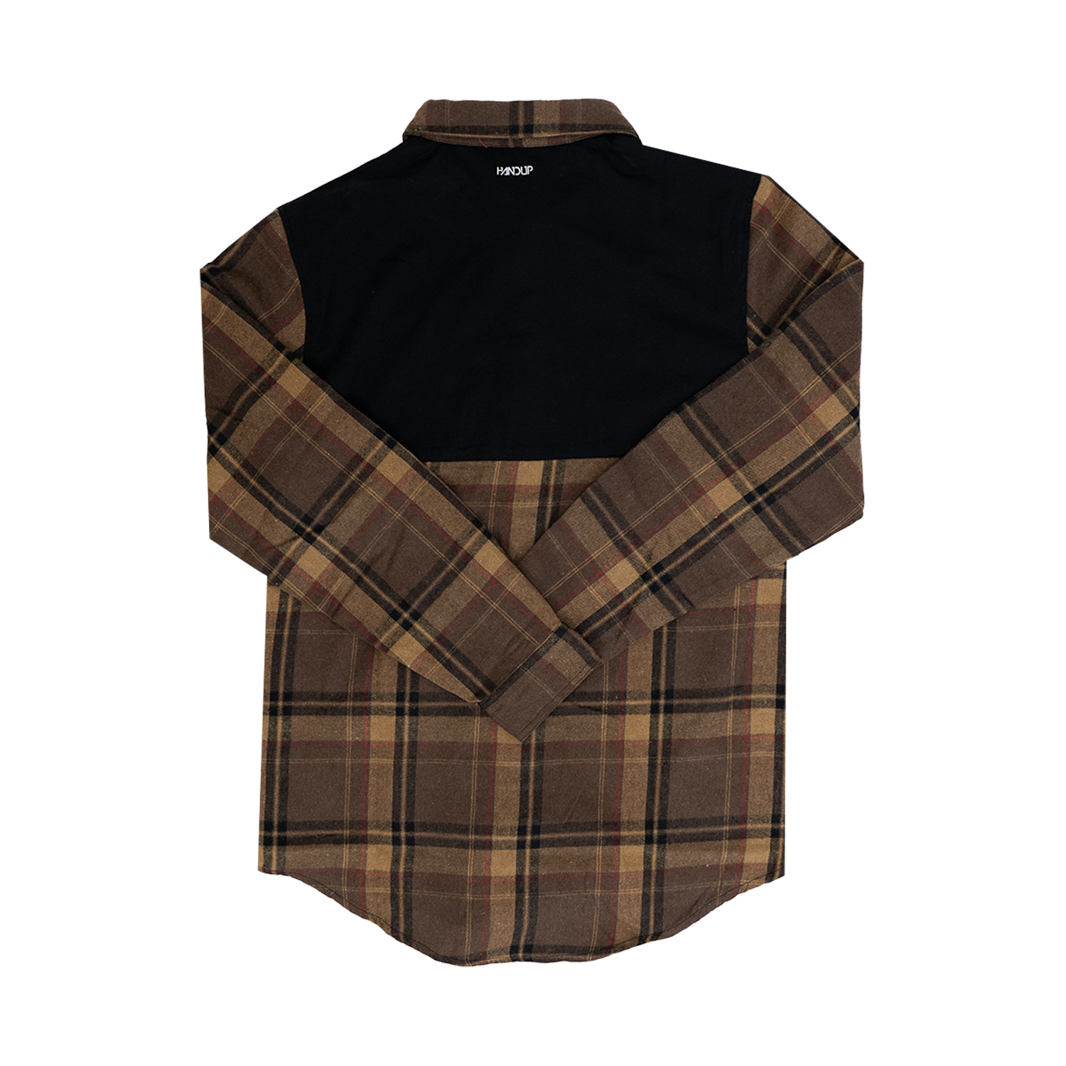 A long-sleeved Flannel Button Up shirt in brown and tan plaid pattern with a solid black panel across the shoulders.
