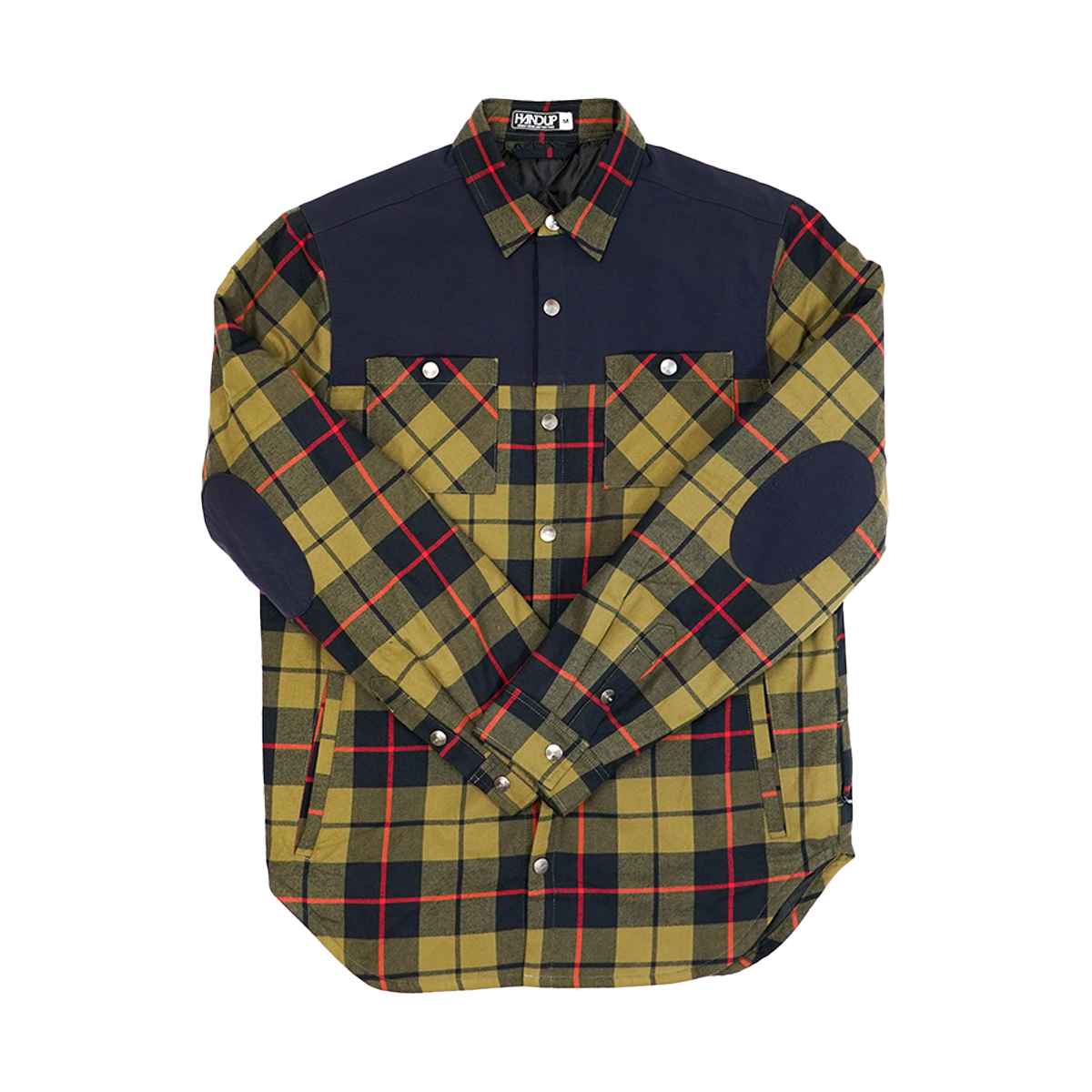 A flannel jacket with a pattern of olive green, navy blue, and red plaid, featuring a collar, chest pockets, and reinforced areas on the shoulders and elbows.