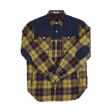 A flannel jacket with a pattern of olive green, navy blue, and red plaid, featuring a collar, chest pockets, and reinforced areas on the shoulders and elbows.