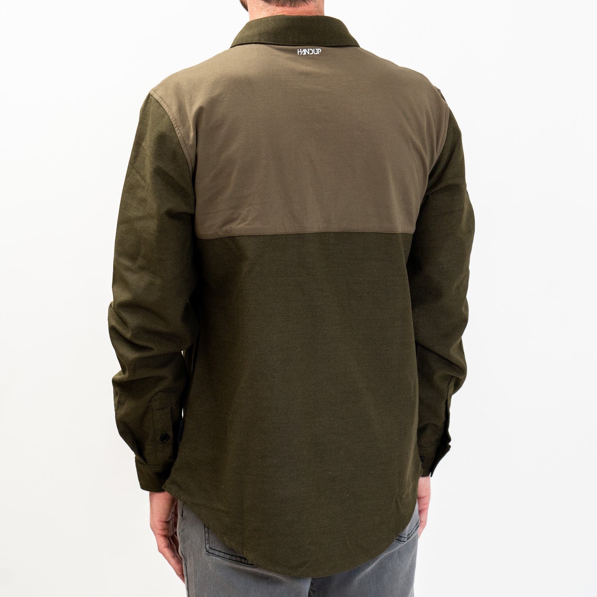 A solid olive colored Flannel Button Up shirt with a collar, long sleeves, and a front pocket.