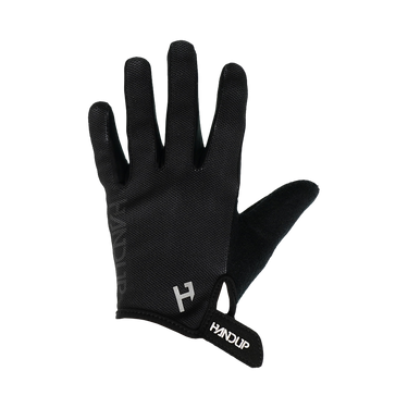 A pair of black youth gloves with the 'HANDUP' brand logo on the back of the hand.