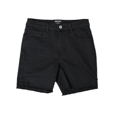 A pair of pure black stretch jorts for women, displaying a mid-waist rise and a raw denim finish at the bottom.