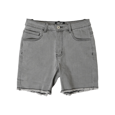 A pair of faded grey jorts with a frayed hemline.