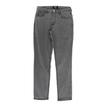 A pair of faded gray full-length jeans with a front view, displaying pockets and a belt loop.