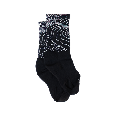 A black sock with a white topo map design on the cuff.