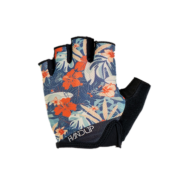 A short-fingered cycling glove with a floral pattern and tiki drink motifs.