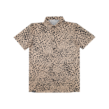 Beige short-sleeve shirt with black spotted pattern on a white background