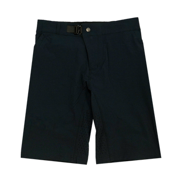 A pair of black mountain bike shorts with a stretch waistband and multiple zip-pockets.