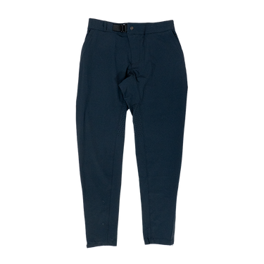 A pair of black mountain bike pants with multiple pockets and a branded buckle.