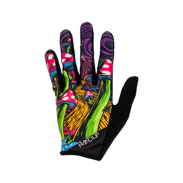 A pair of vibrant, multicolored bicycle gloves featuring a geometric pattern with prominent purple, green, and black colors.