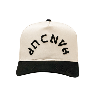 White and black cap with text on a white background