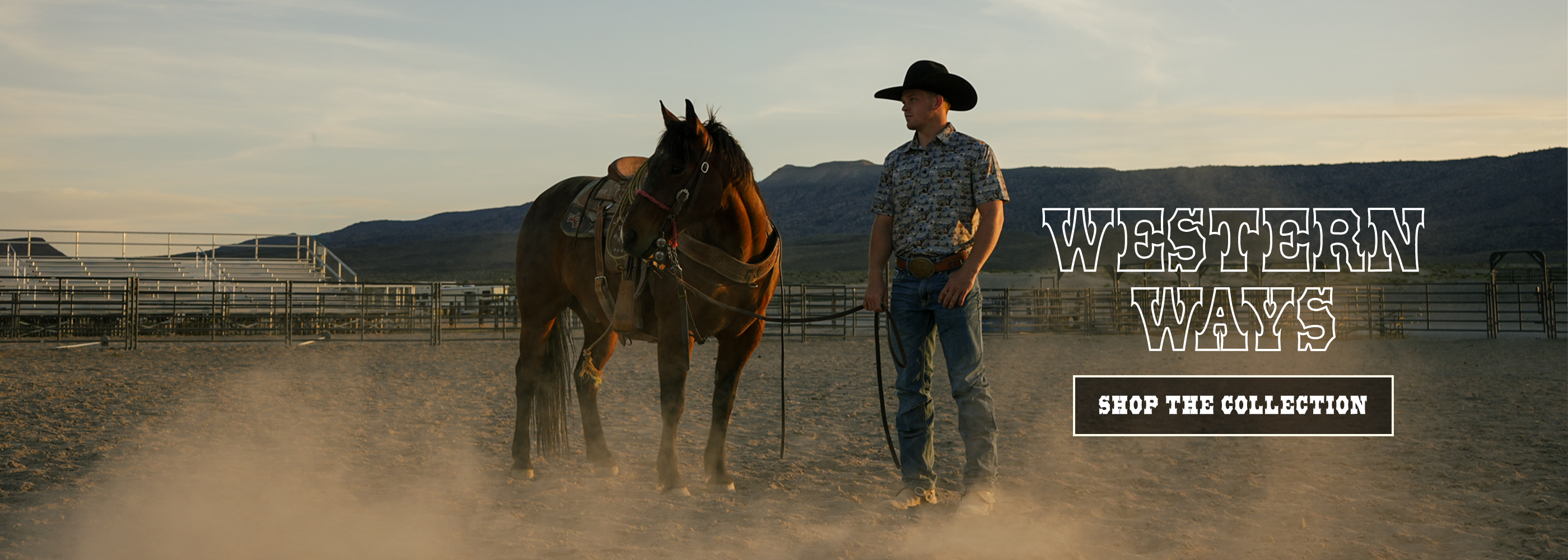 Man in cowboy hat standing next to a horse in a dusty field with 'Western Ways' branding.