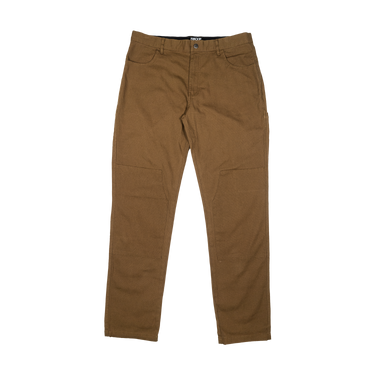 A pair of brown pants shown flat against a solid white background, featuring a straight-leg fit and classic five-pocket design.