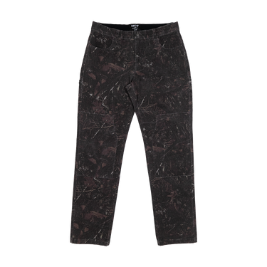 Black corduroy pants with a subtle dark brown and white marble pattern, shown flat against a white background.