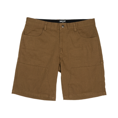 A pair of brown cargo shorts with a black waistband and a metal button closure, shown flat on a white background.