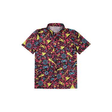 button up shirt with a pink, yellow and blue geometric pattern on a white background