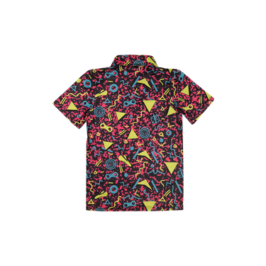 button up shirt with a pink, yellow and blue geometric pattern on a white background