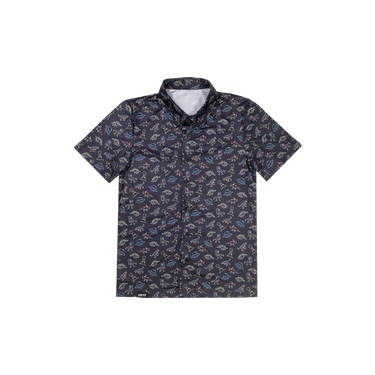 button up shirt with a dinosaur and UFO pattern on dark blue fabric with a white background