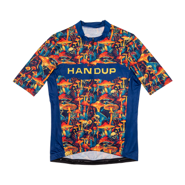 Colorful mushroom-patterned shirt with 'HANDUP' branding on a white background