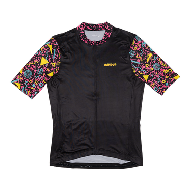 Black cycling jersey with colorful sleeves and 'Handup' branding on a white background