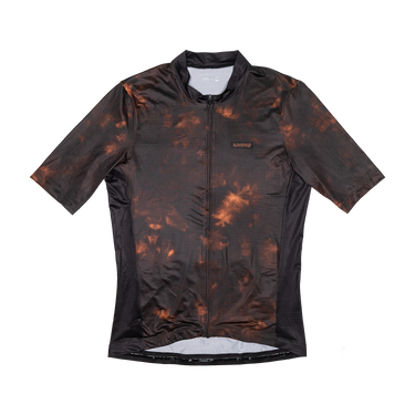 Black and orange patterned cycling jersey on a white background