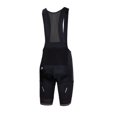 black cycling bibs with pockets, mesh detailing, and an H logo