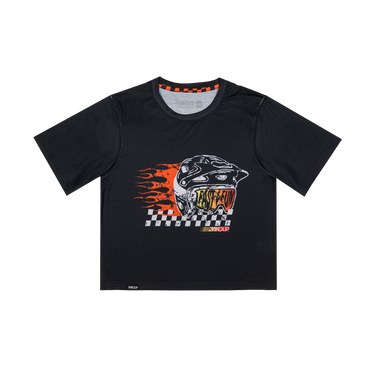Black t-shirt with graphic design on a white background