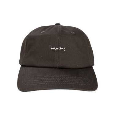 Dark brown cap with 'handup' embroidery on a white background