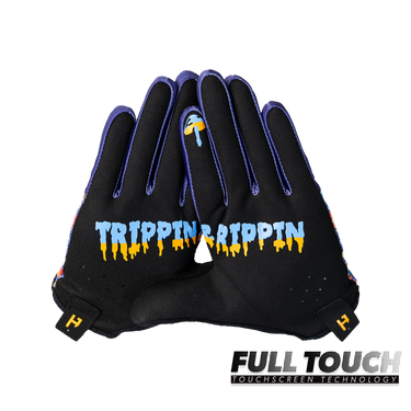 Black gloves with colorful text and 'Full Touch' branding on a white background