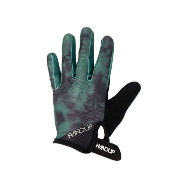 A single HANDUP brand work glove with a green and black camouflage pattern on the back and a solid black palm and wrist strap, shown against a plain white background.