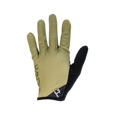 A single glove in moss green color with a black wrist strap, designed for outdoor activities.